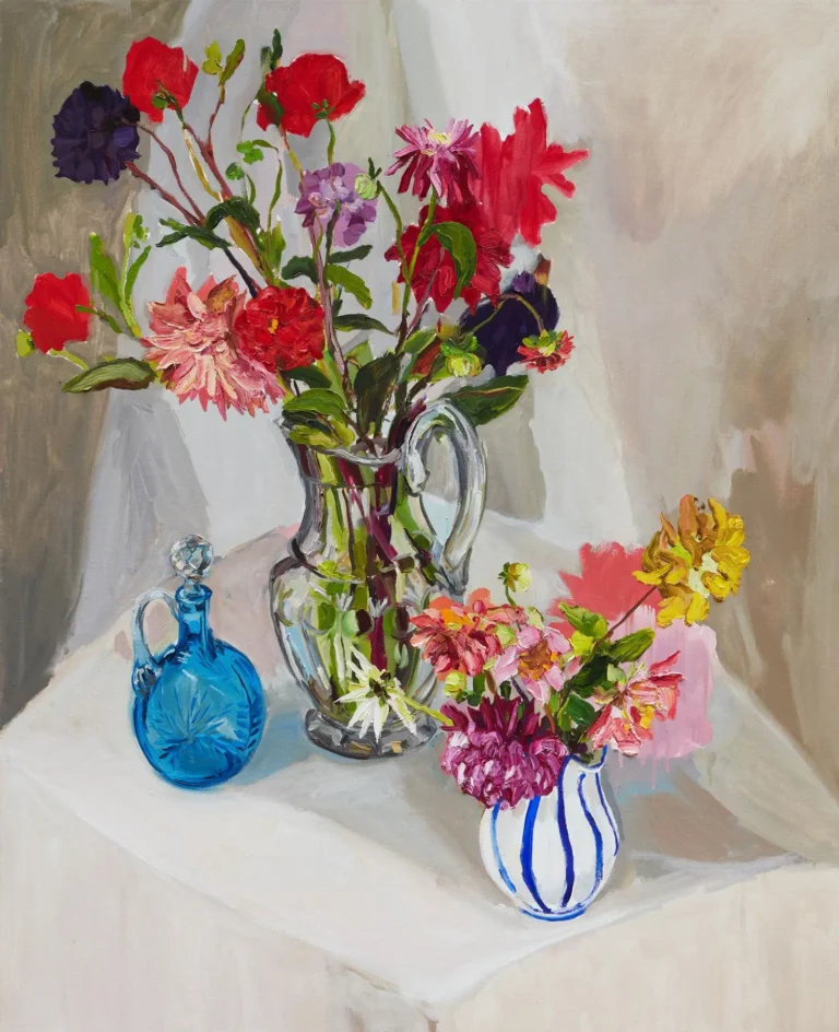 Dahlias with blue crystal and striped jug