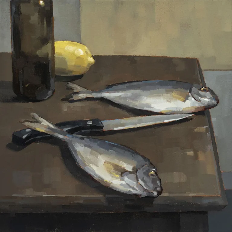 Fish, knife, lemon, bottle