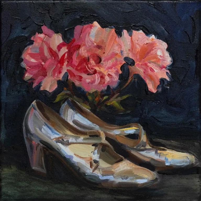 Silver heels, pink roses