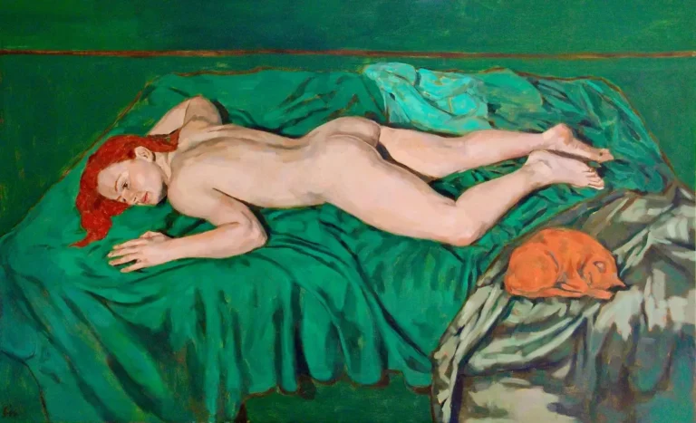 Girl on a green bed