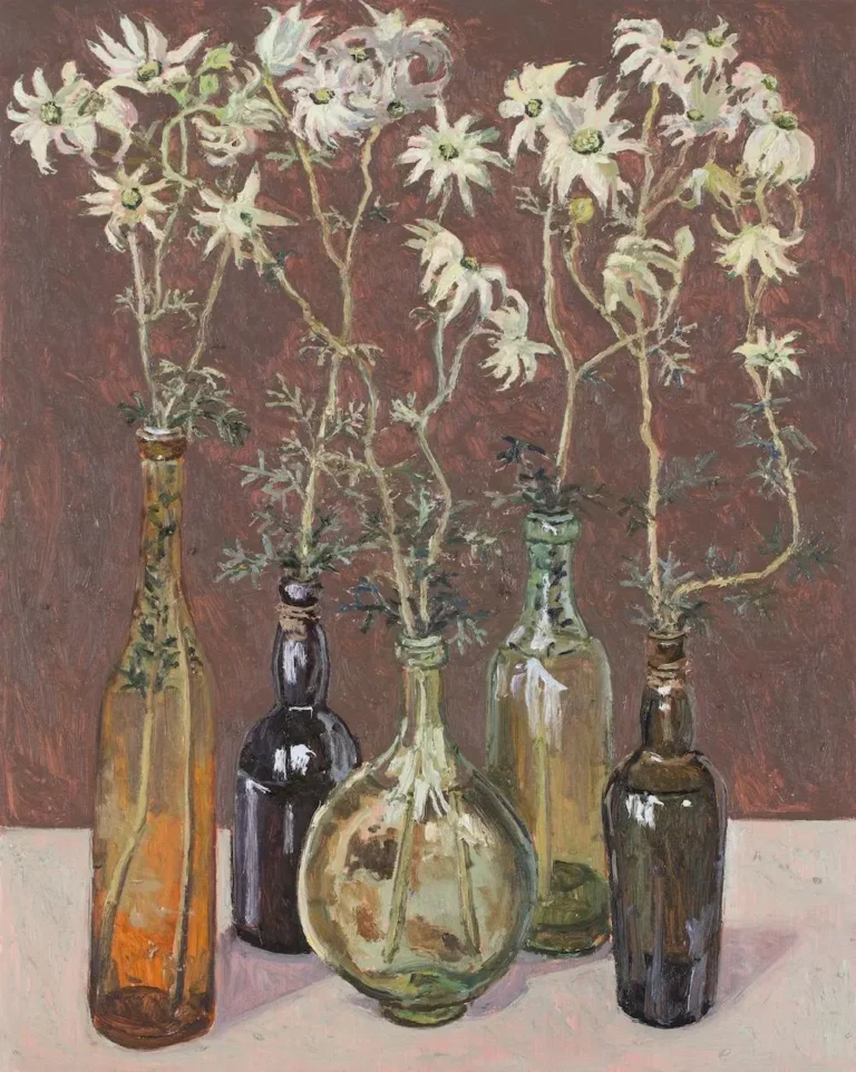 Flannel flowers, glass bottles