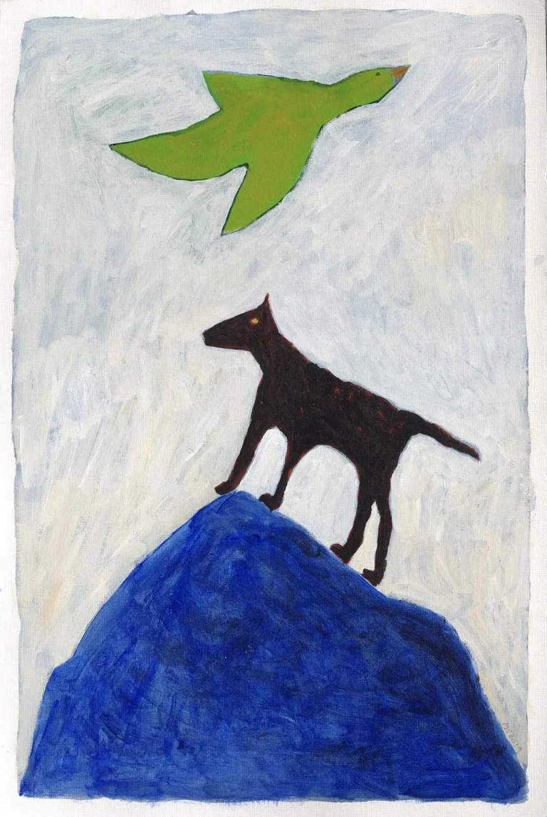 Black dog, green bird