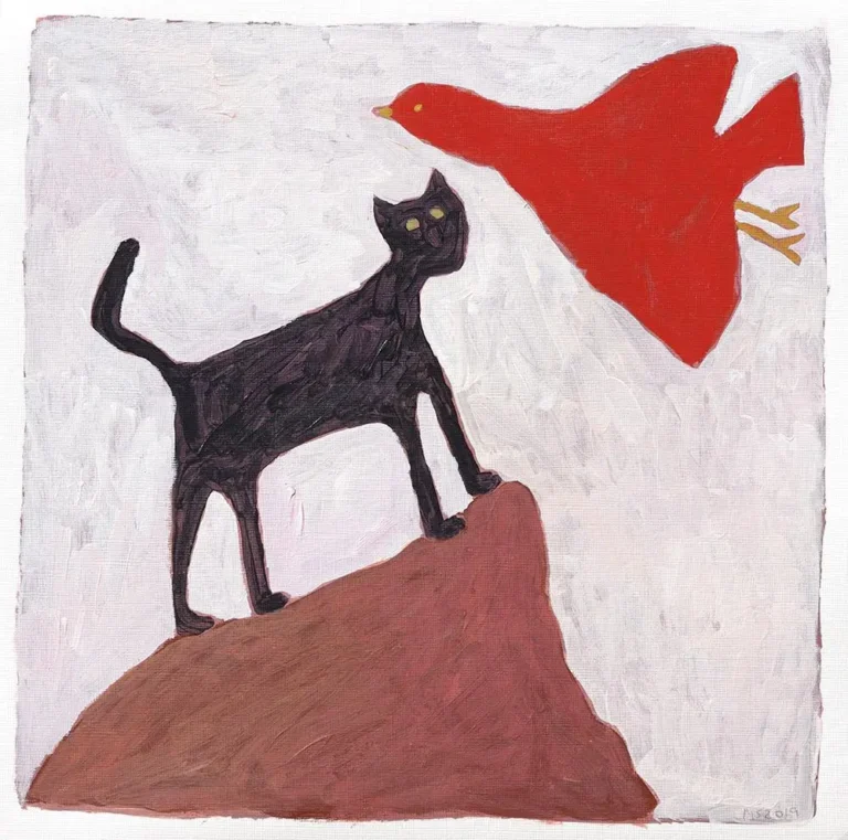 Black cat, red bird