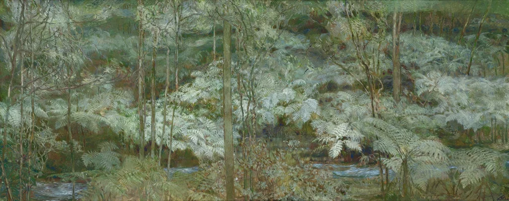 laura_patterson_waves_of_ferns_and_nausea_woonoongoora_lamington_national_park_2026_oil_on_board_47_x_119cm