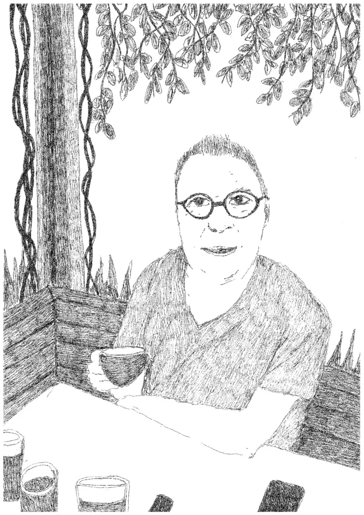 Image credit: Richard Lewer, PJ having coffee at Harveys, 2026